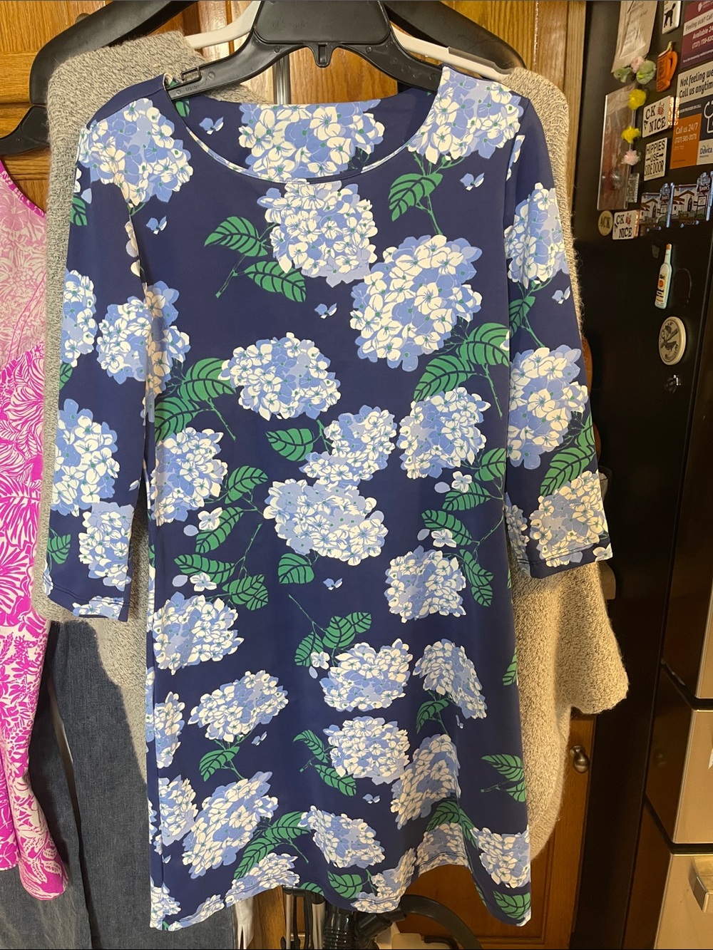 MAHI GOLD Dress with Blue and Green Hydrangea Walk Blue Audrey Size S